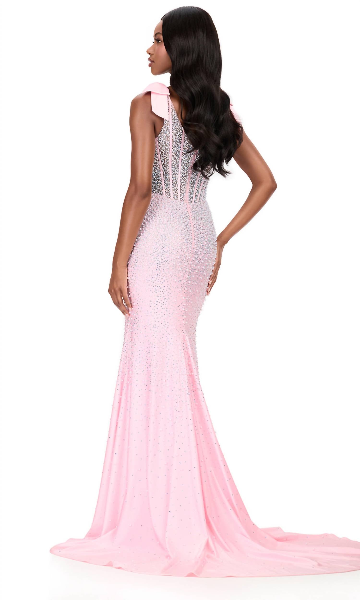 ASHLEYlauren Square Neck Pearl Embellished Prom Dress in ice pink - women's dress - alternate view