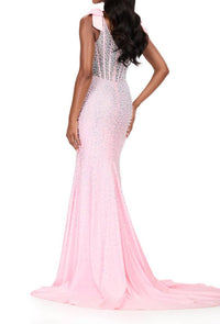 ASHLEYlauren Square Neck Pearl Embellished Prom Dress in ice pink - women's dress - detail view