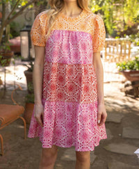 Voy - Cheery Disposition Embroidered Color Block Tiered Dress