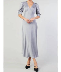 current air V-neck Long Dress With Puff Sleeves in silver - women's dress