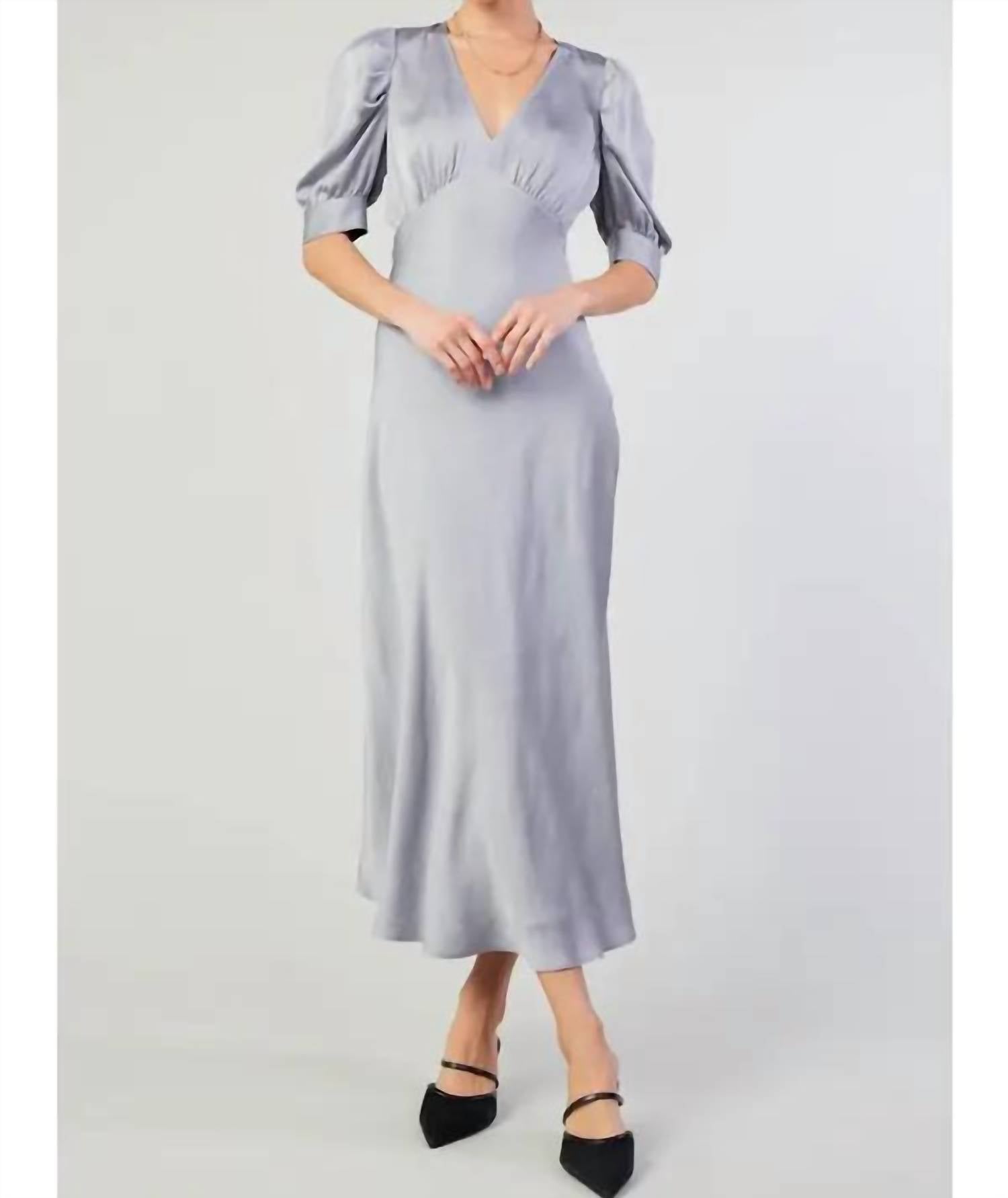 current air V-neck Long Dress With Puff Sleeves in silver - women's dress