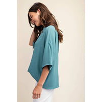Style USA V-neck Collared Pop Over Top in teal - women's blouse - alternate view