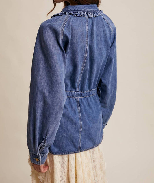Listicle - Women's Denim Utility Jacket With Ruffle Accents