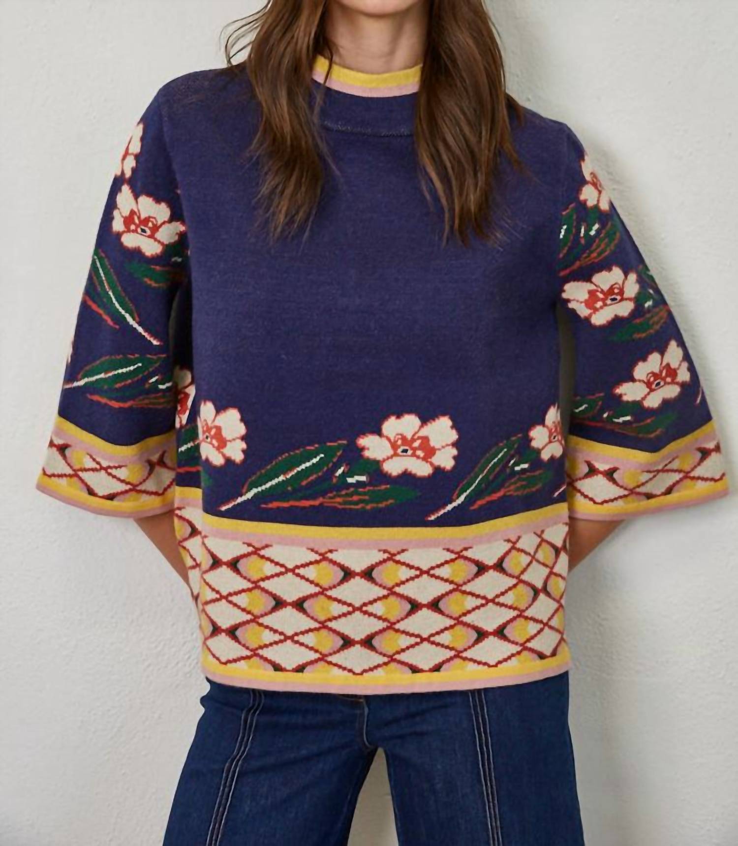 Fate Bloom Jacquard Sweater in midnight - women's sweater