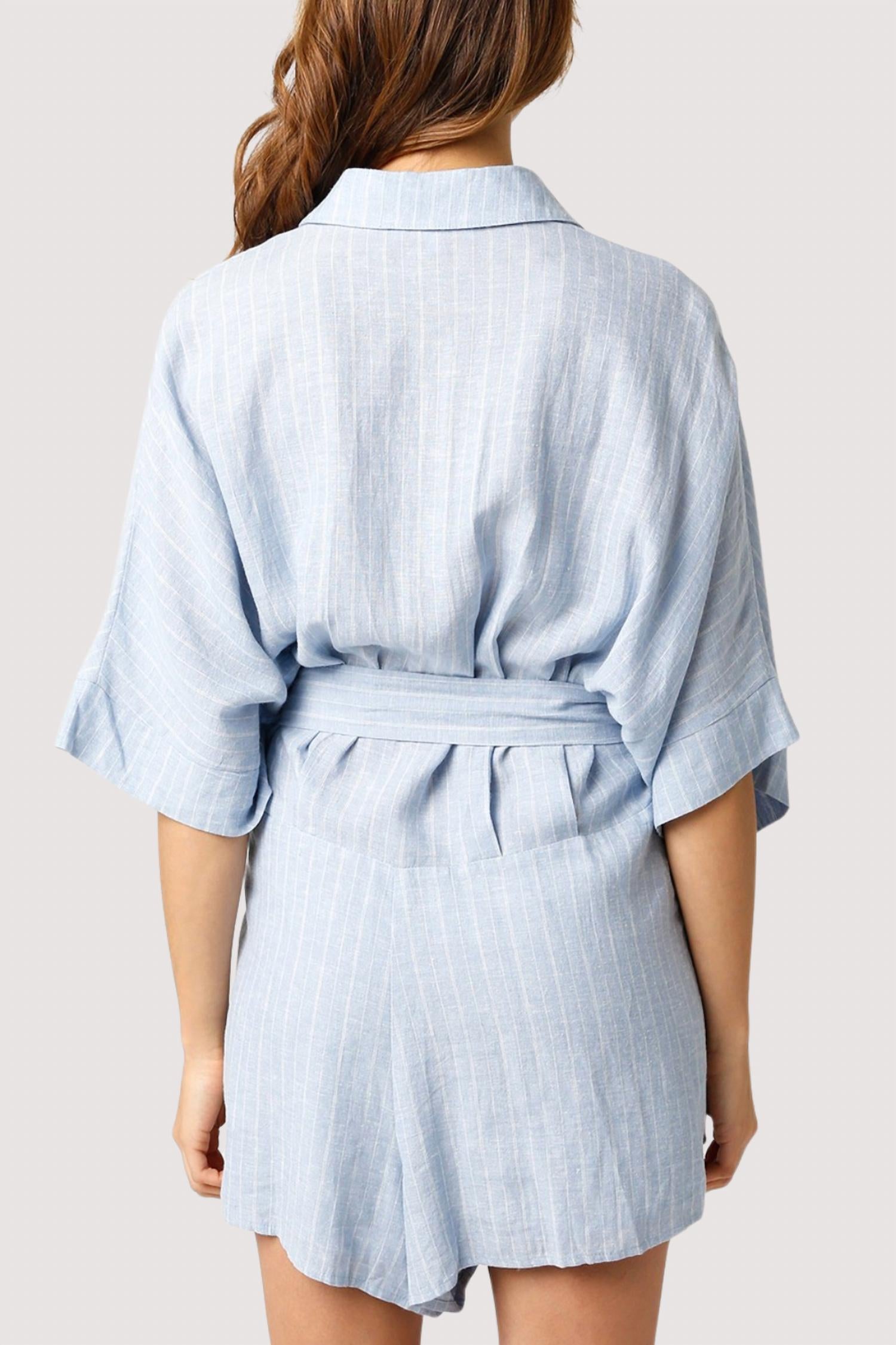 OLIVACEOUS Mara Stripe Romper in blue - women's pants - detail view