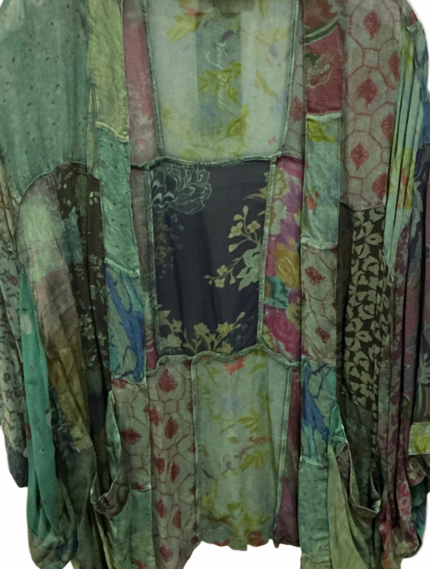 Young Threads Women's Multi Print Kimono in basil - women's scarf - detail view