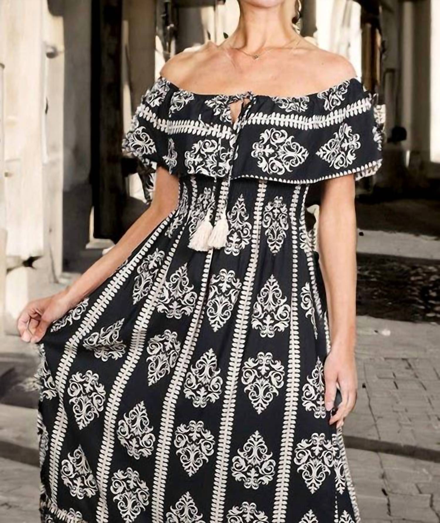 Vine & Love - Geo Printed Off The Shoulder Tassel Trim Dress