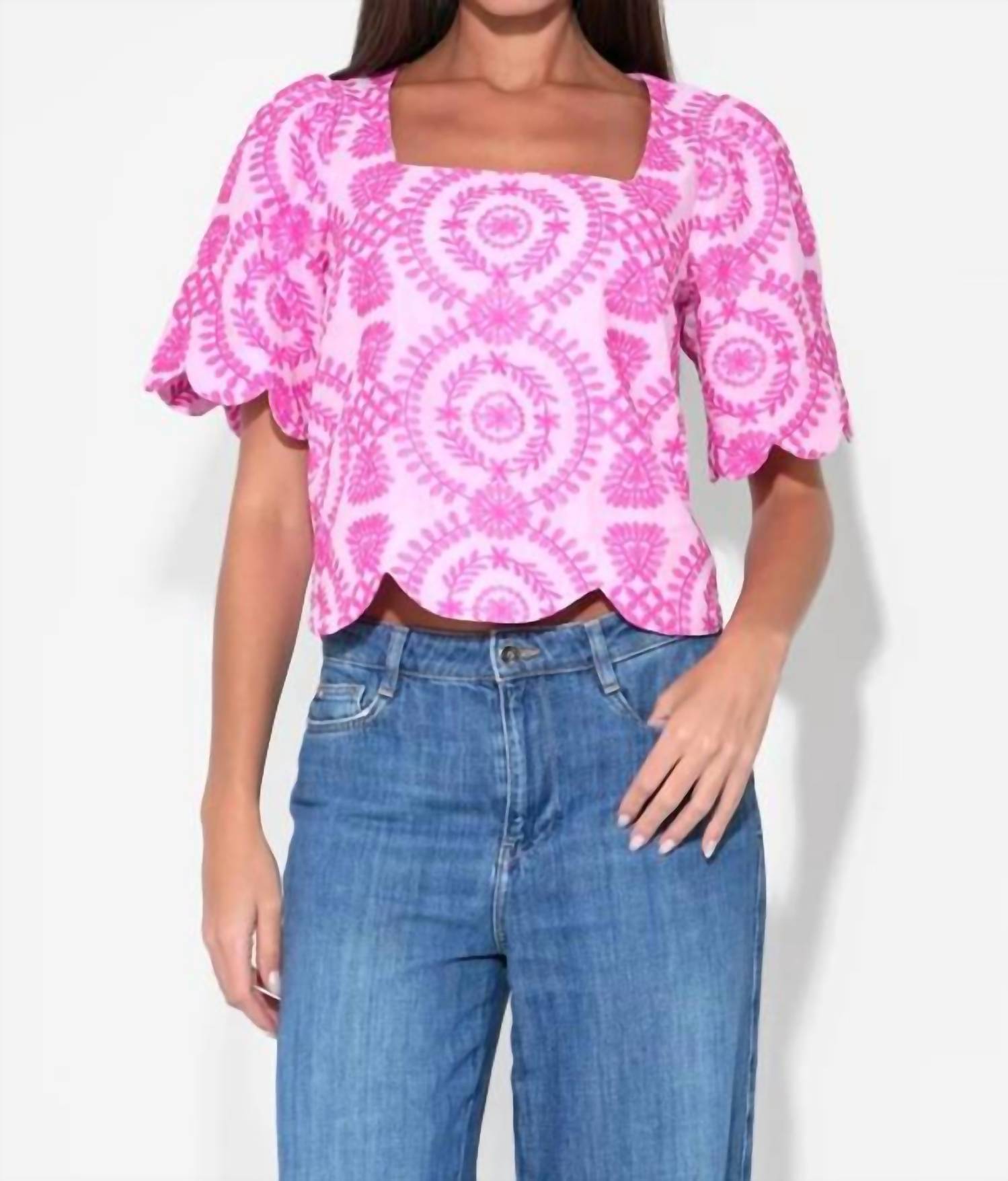 Adelyn Rae - Hadley Square Neck Embroidery Scallop Top