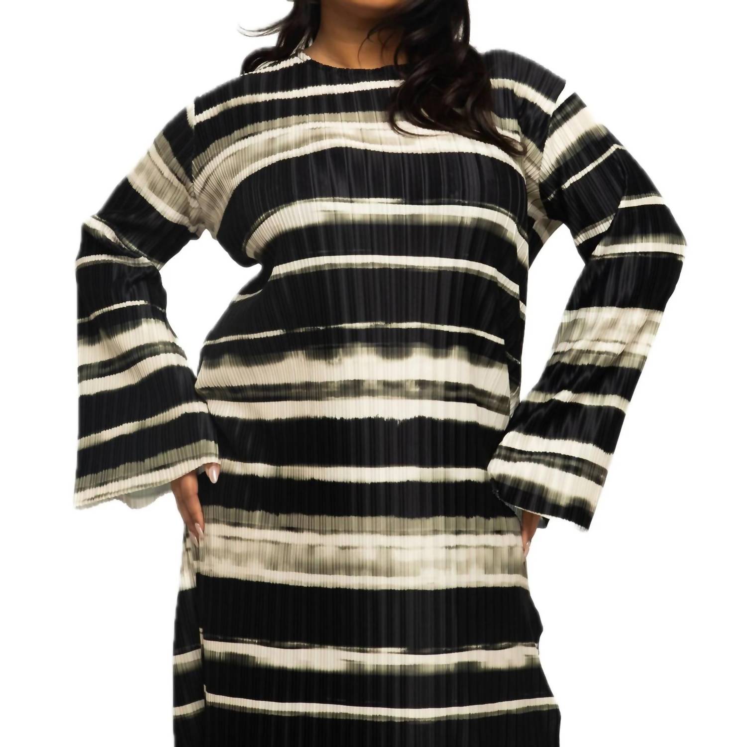 Fashion Szn Curve - Striped Plisse Long Sleeve Dress