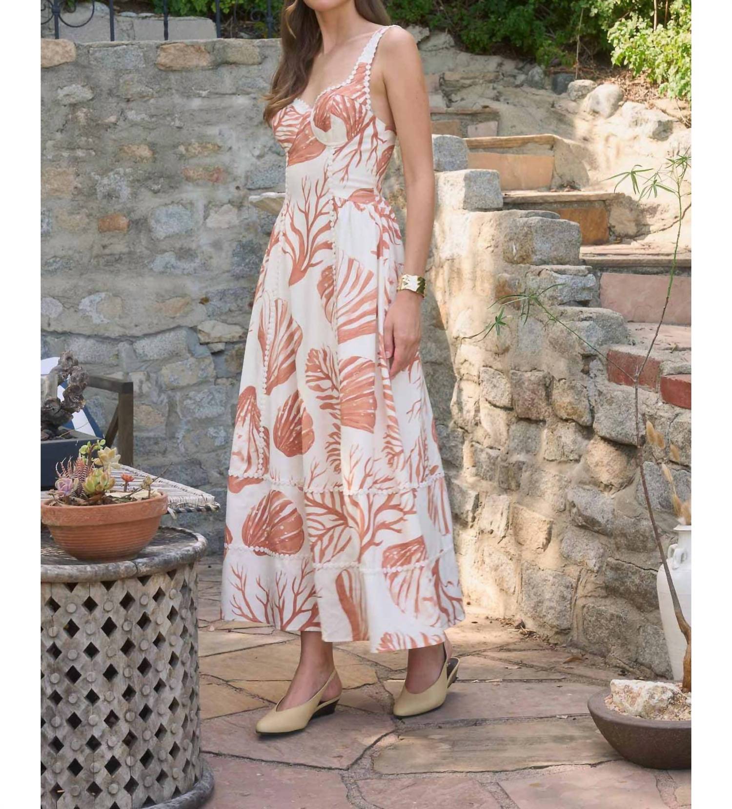Moon River - Seashell Motif Lace Trim Sleeveless Midi Dress