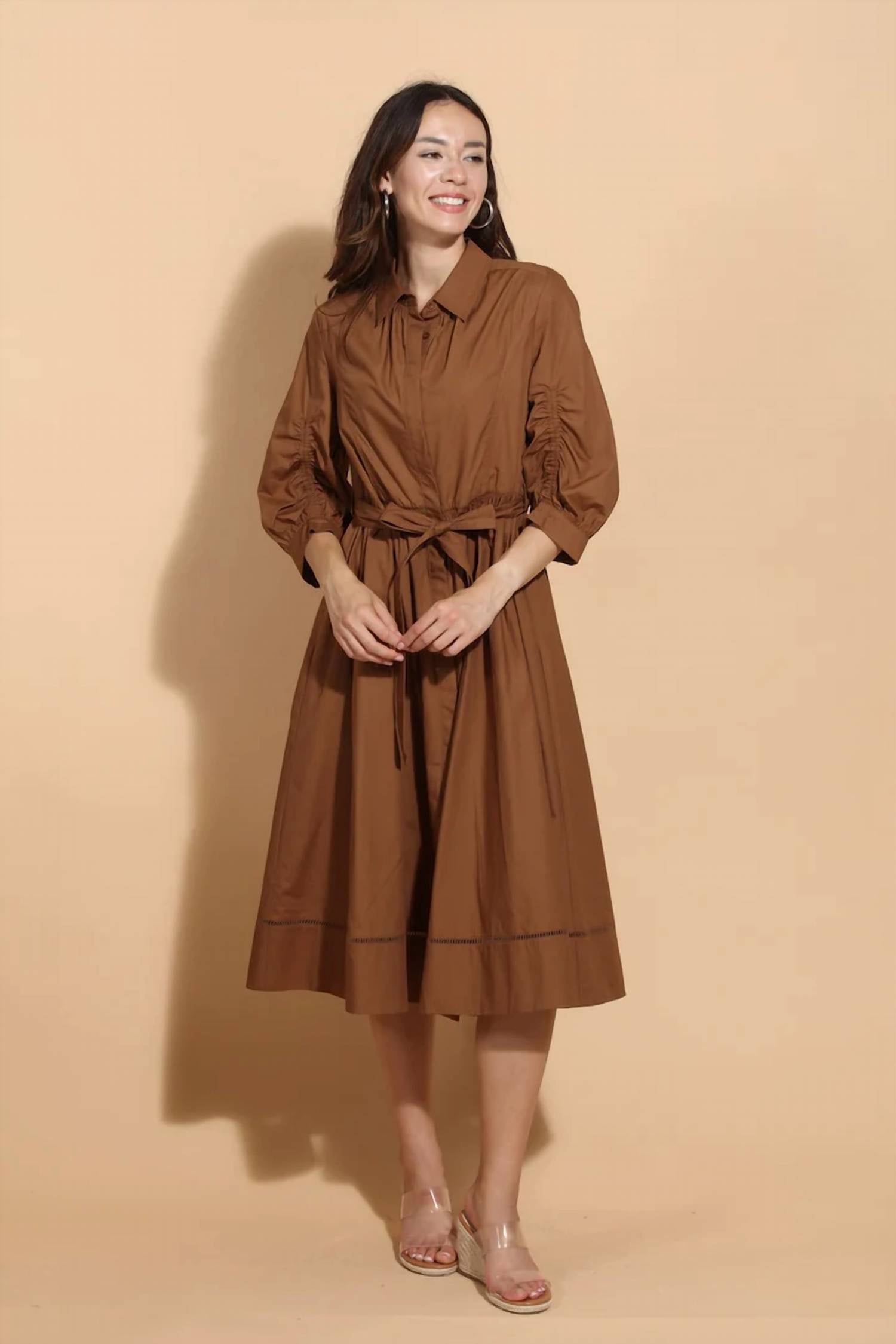 Jessie Liu - Cotton Shirt Dress with Rouching Sleeves