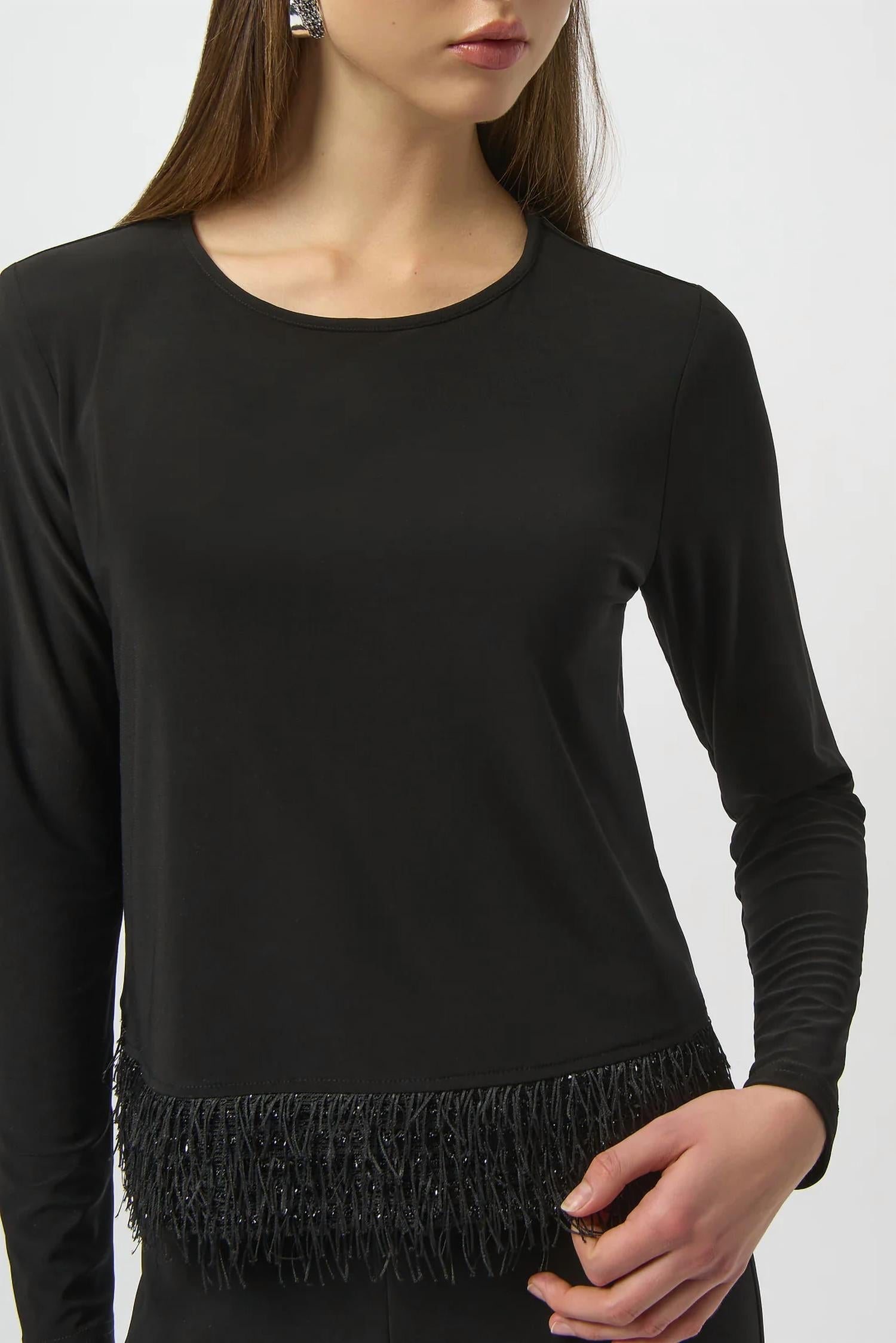 Joseph Ribkoff - Scoop Neck Fringe Hem Long Sleeves Top