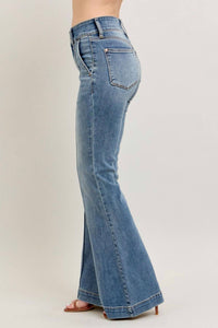 Judy Blue High Waist Double Button Trouser Flare Jeans in medium blue - women's jeans - view 4