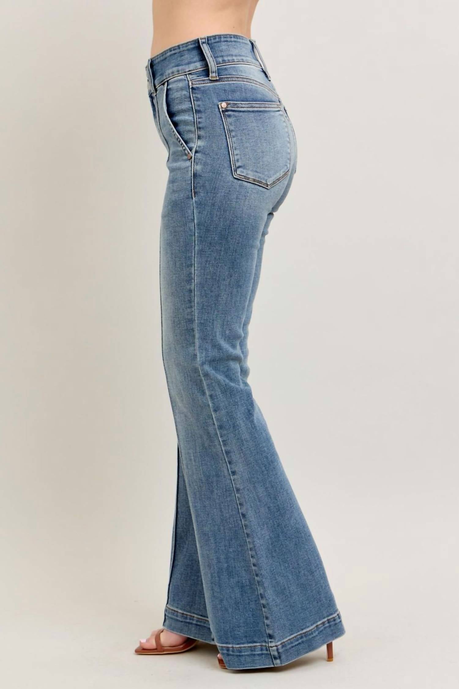 Judy Blue High Waist Double Button Trouser Flare Jeans in medium blue - women's jeans - view 4