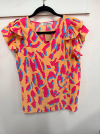T & C  Apparel - Leopard V Neck Ruffled Sleeve Blouse