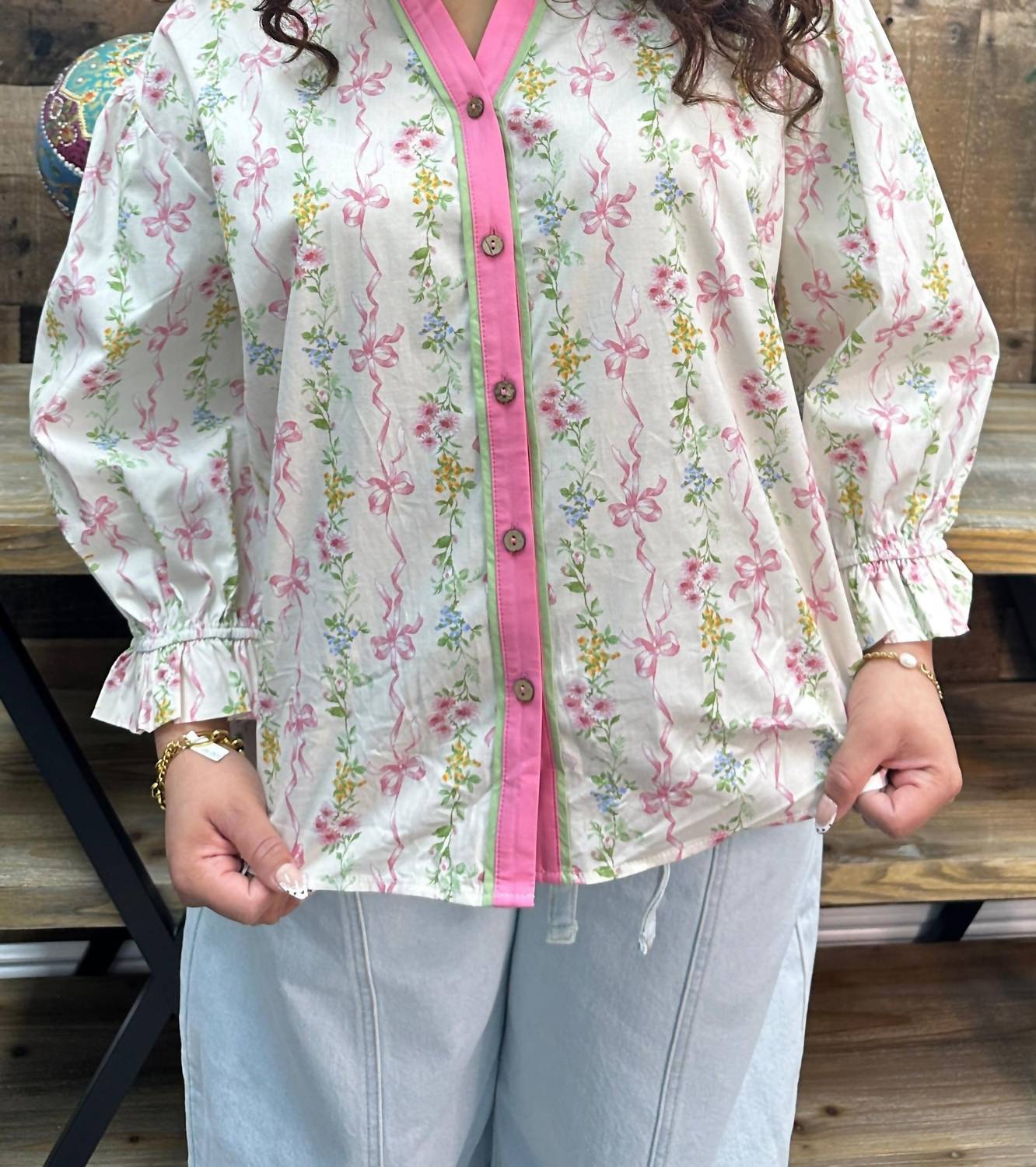 Easel - Ribbon Coquette Floral Ruffle Collar Top