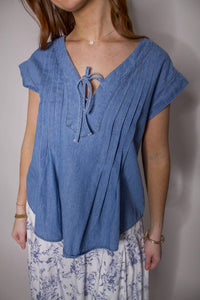 Blu Pepper - Front Tie Pintuck Detail Chambray Top