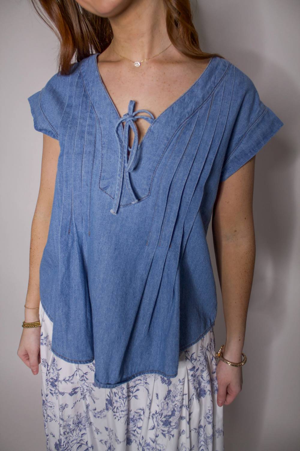 Blu Pepper - Front Tie Pintuck Detail Chambray Top