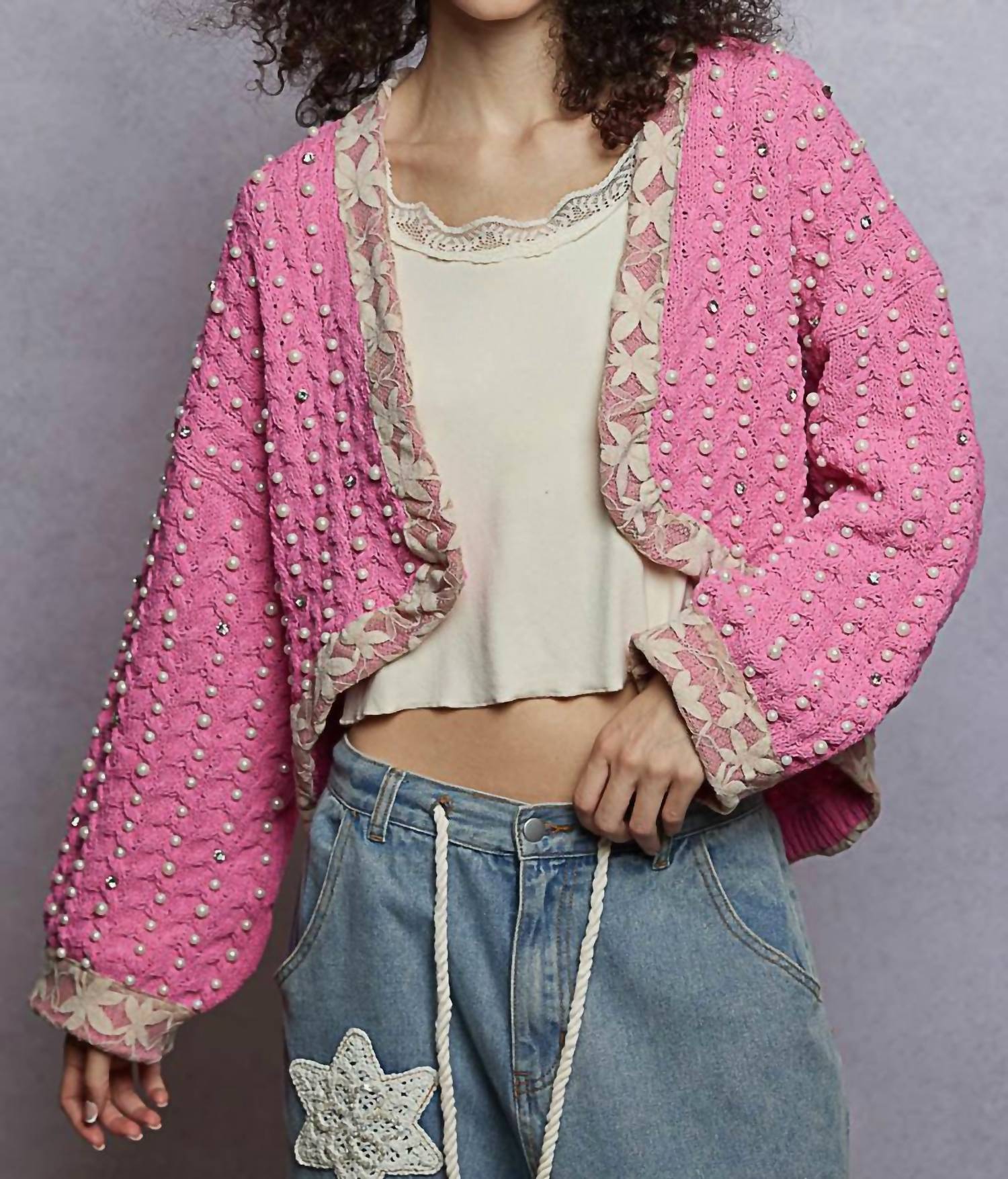 POL Pearl Petals Cardigan in pink - women's cardigan