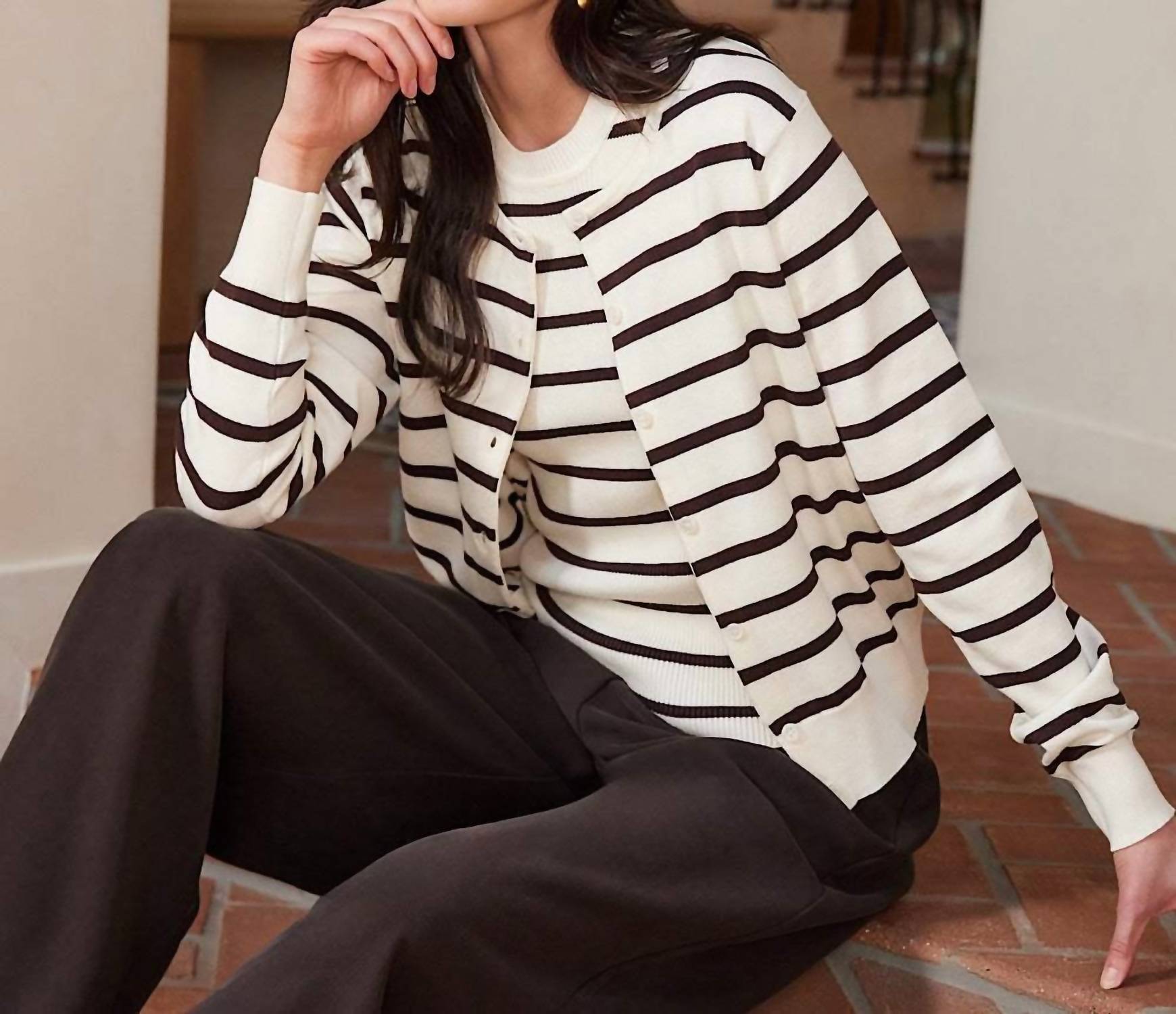 Karen Kane Stripe Cardigan Sweater in cream - women's cardigan - view 6
