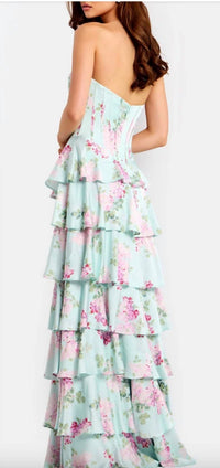 JOVANI Strapless Tiered Floral gown With Slit in mint multi - women's dress - detail view
