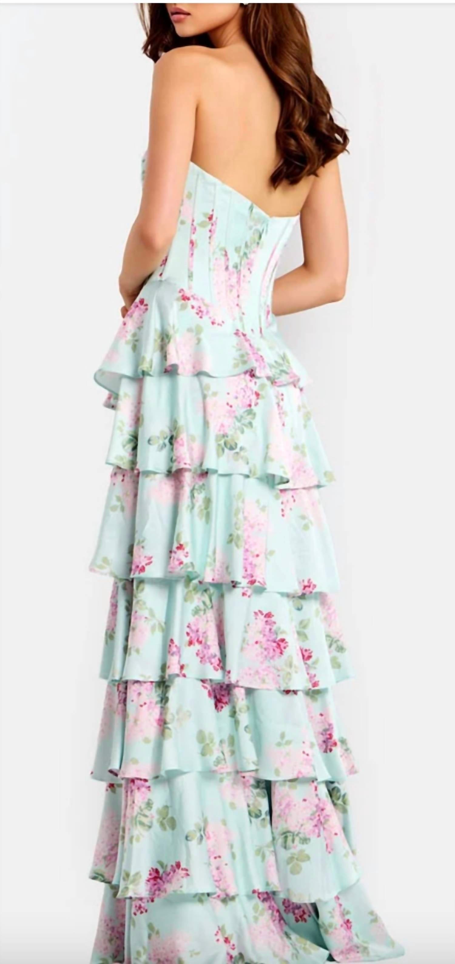 JOVANI Strapless Tiered Floral gown With Slit in mint multi - women's dress - detail view