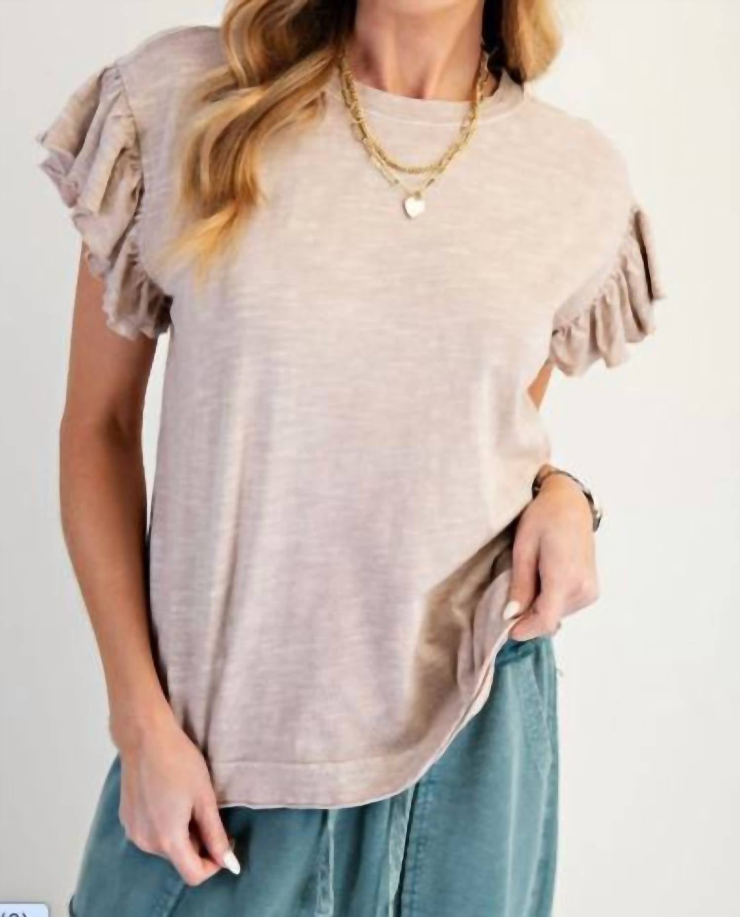 Easel - Wing Sleeves Cotton Slub Mineral Washed Knit Top