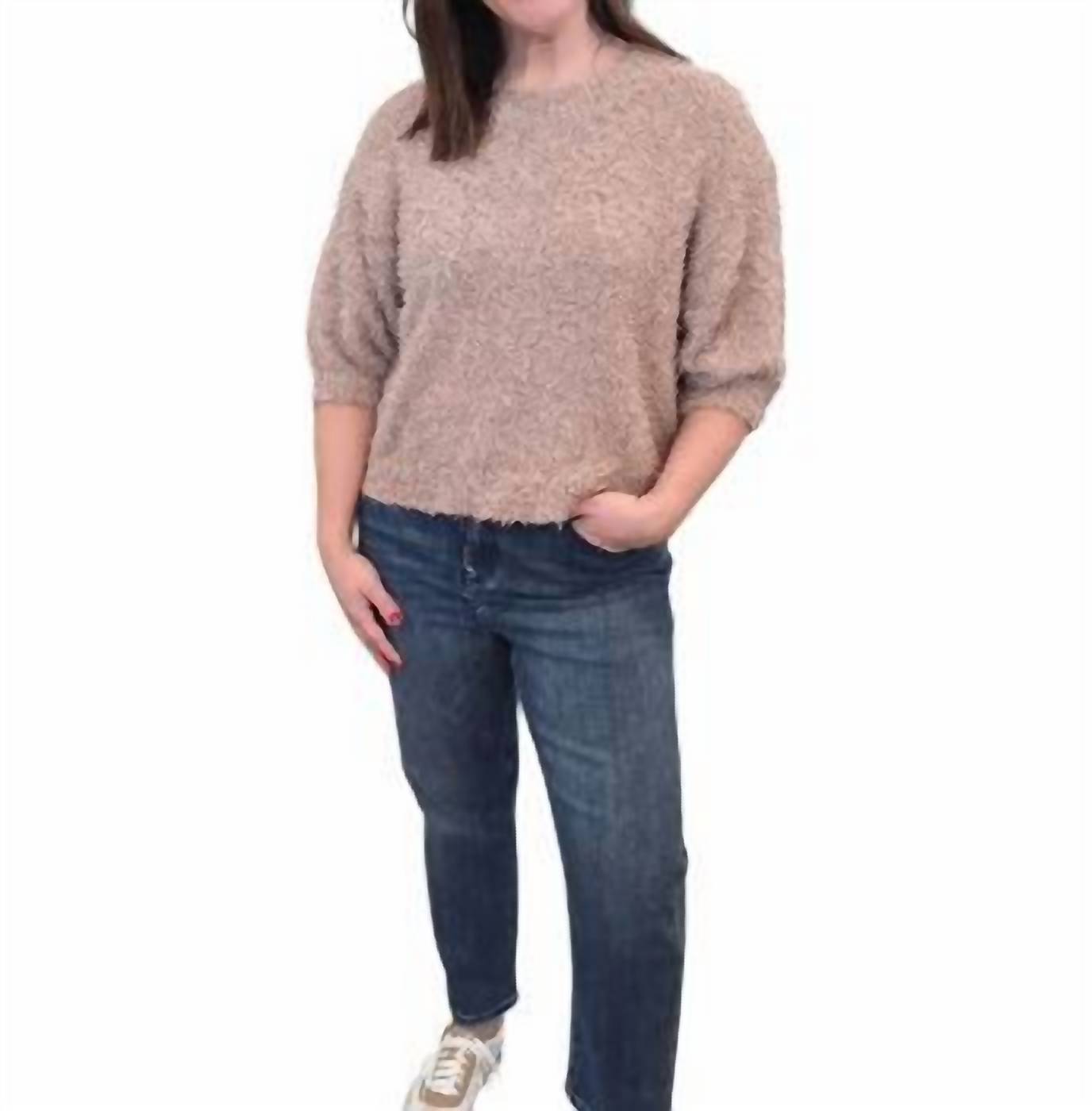 Fun 2 Fun Total Texture Puff Sleeve Sweater in taupe - women's sweater