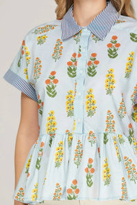 She + Sky - Drop Shoulder Button Down Printed Top