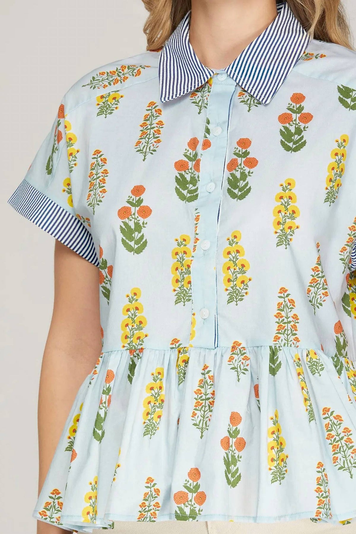 She + Sky - Drop Shoulder Button Down Printed Top
