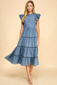 Tcec - Denim Button Down Ruffle Sleeves Midi Dress