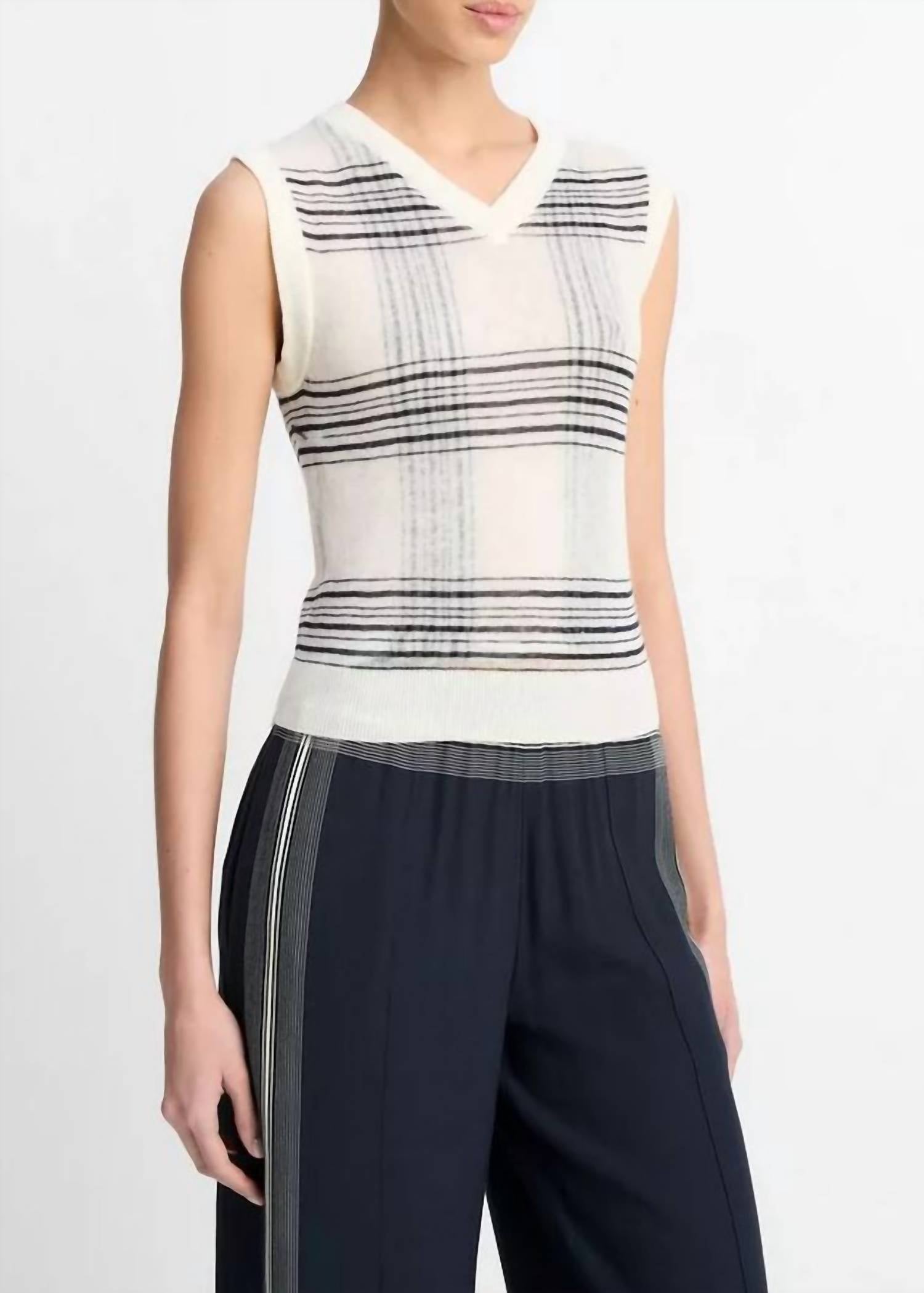 Vince Featherweight Plaid Wool Sweater Vest in off white coastal blue - women's jacket - detail view