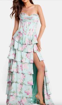 JOVANI Strapless Tiered Floral gown With Slit in mint multi - women's dress