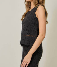 mystree Crochet Scallop Hem Top in black - women's tank top - alternate view