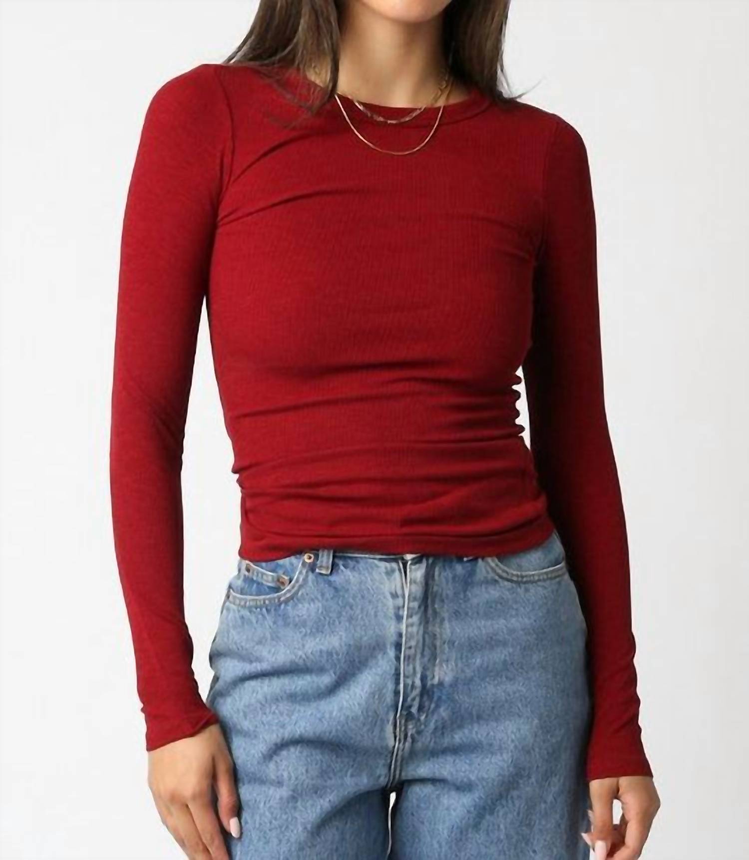 OLIVACEOUS Cassie Long Sleeve Ribbed Top in scarlet - women's long sleeve top