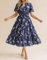 Haptics - Frilled Notch Neck Smocked Waist Floral Dress - Plus
