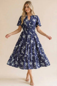 Haptics - Frilled Notch Neck Smocked Waist Floral Dress - Plus