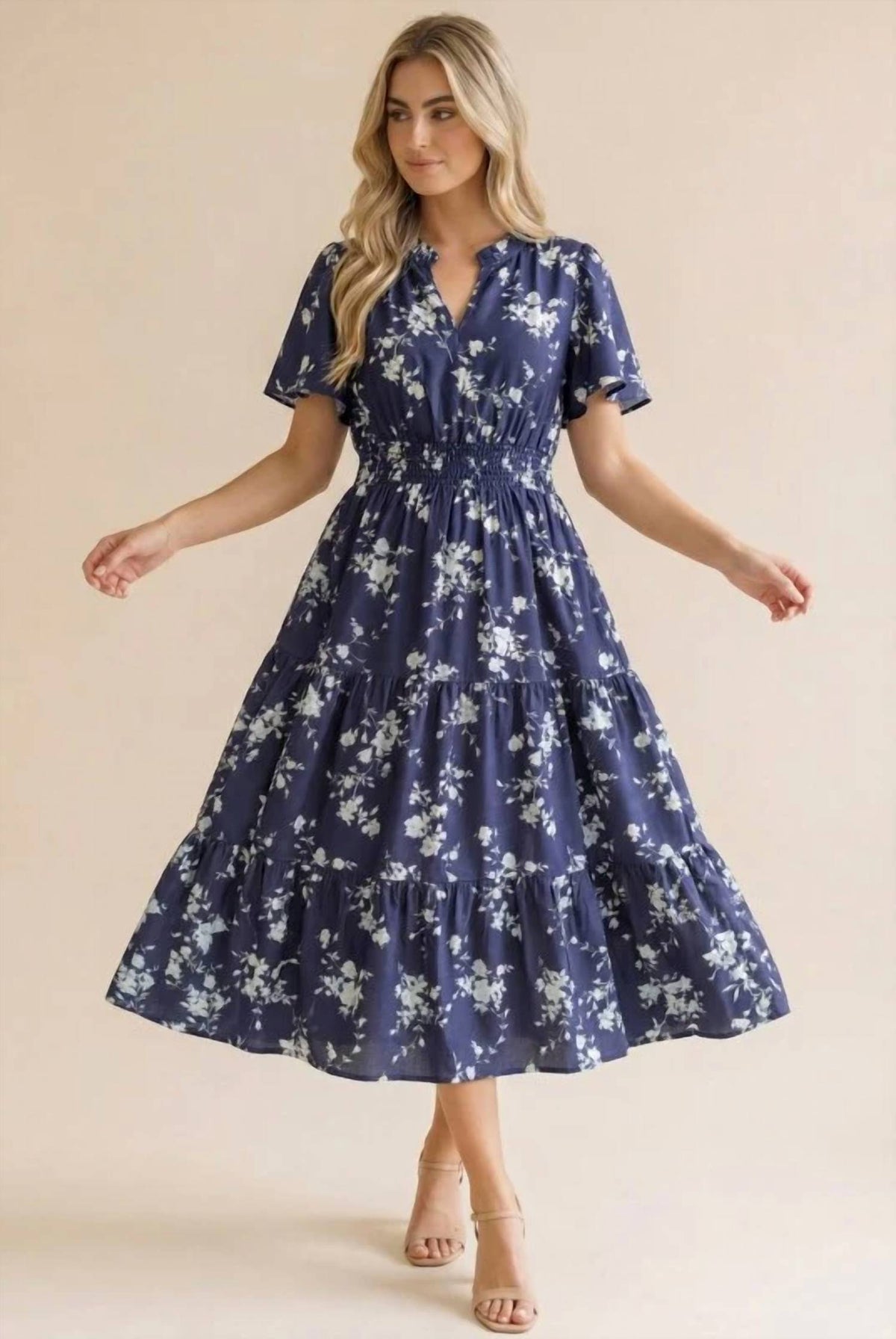 Haptics - Frilled Notch Neck Smocked Waist Floral Dress - Plus