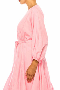 Vivid - Long Sleeve Belted Godet Skirt Flared Dress