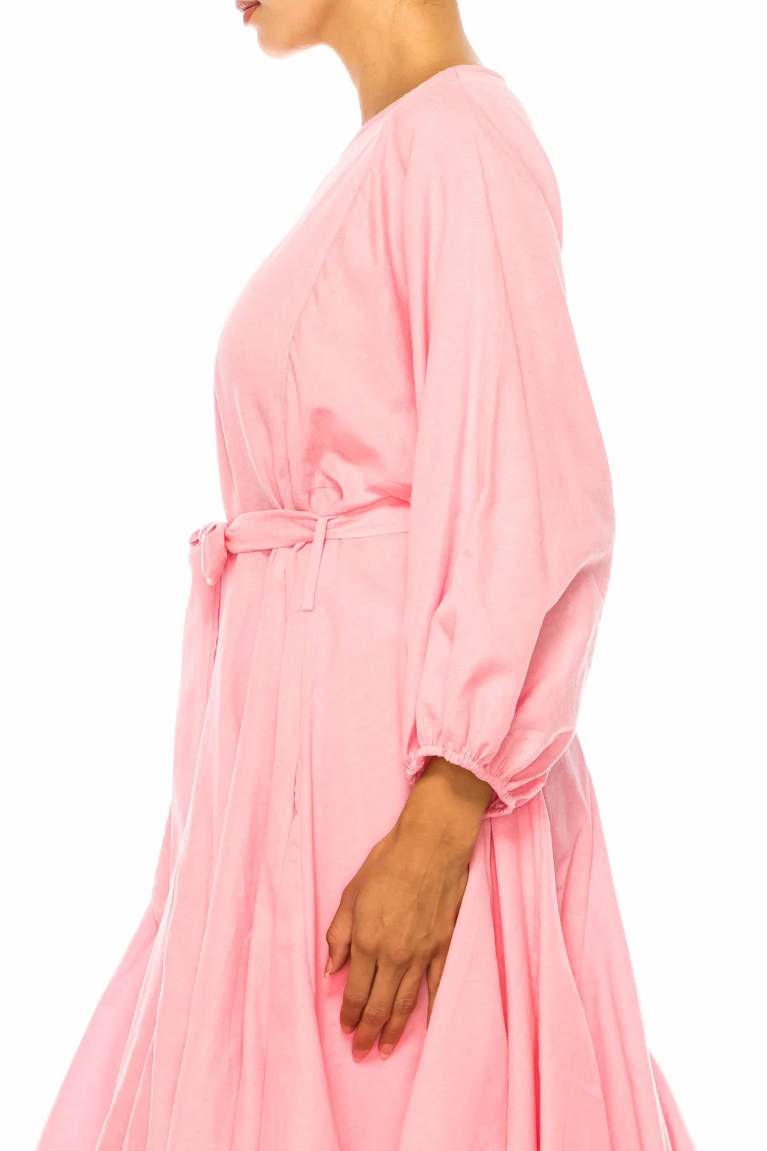 Vivid - Long Sleeve Belted Godet Skirt Flared Dress