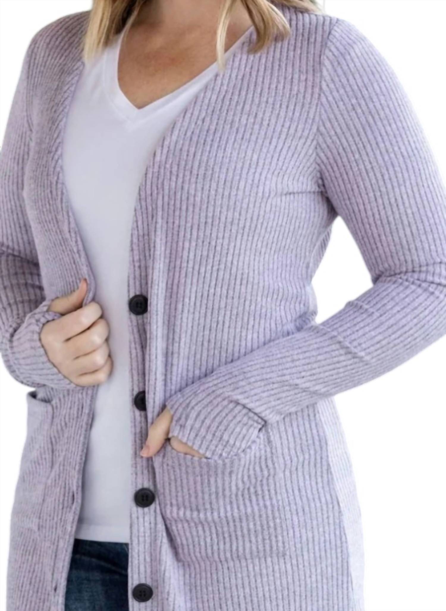 Michelle Mae Women's Button-front Rachel Ribbed Cardigan in lavender - women's cardigan - detail view