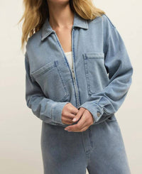 Z Supply Heritage Knit Denim Jacket in ocean air indigo - women's jacket - detail view