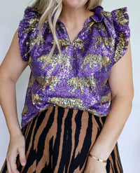 Nola Mercantile - Women's Tiger Sequin Flutter Sleeve Top