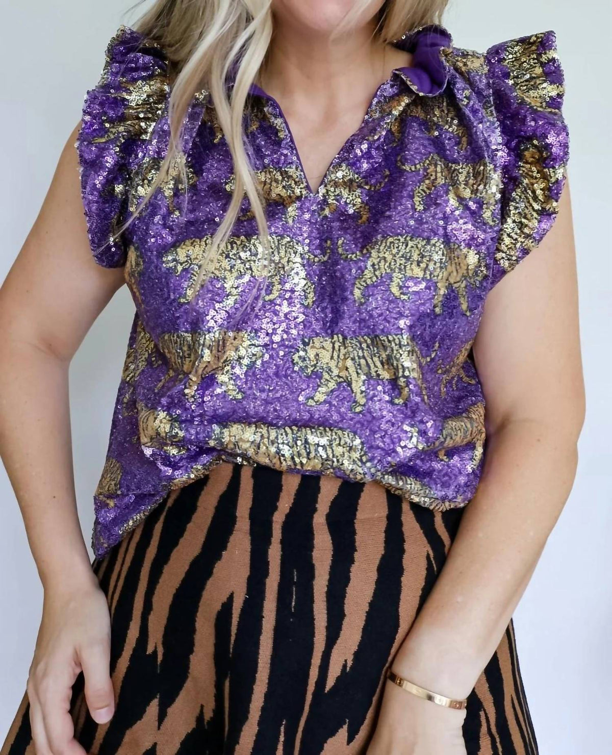Nola Mercantile - Women's Tiger Sequin Flutter Sleeve Top