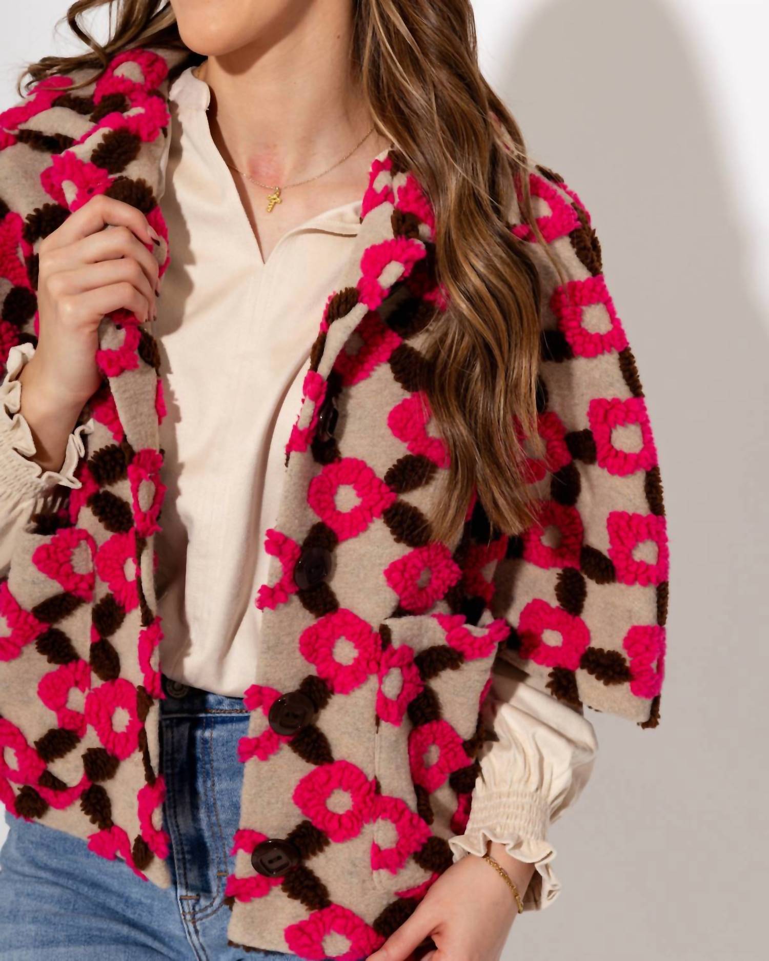 Ivy Jane Pop Flower Capelet Jacket in brown pink floral - women's jacket - view 4