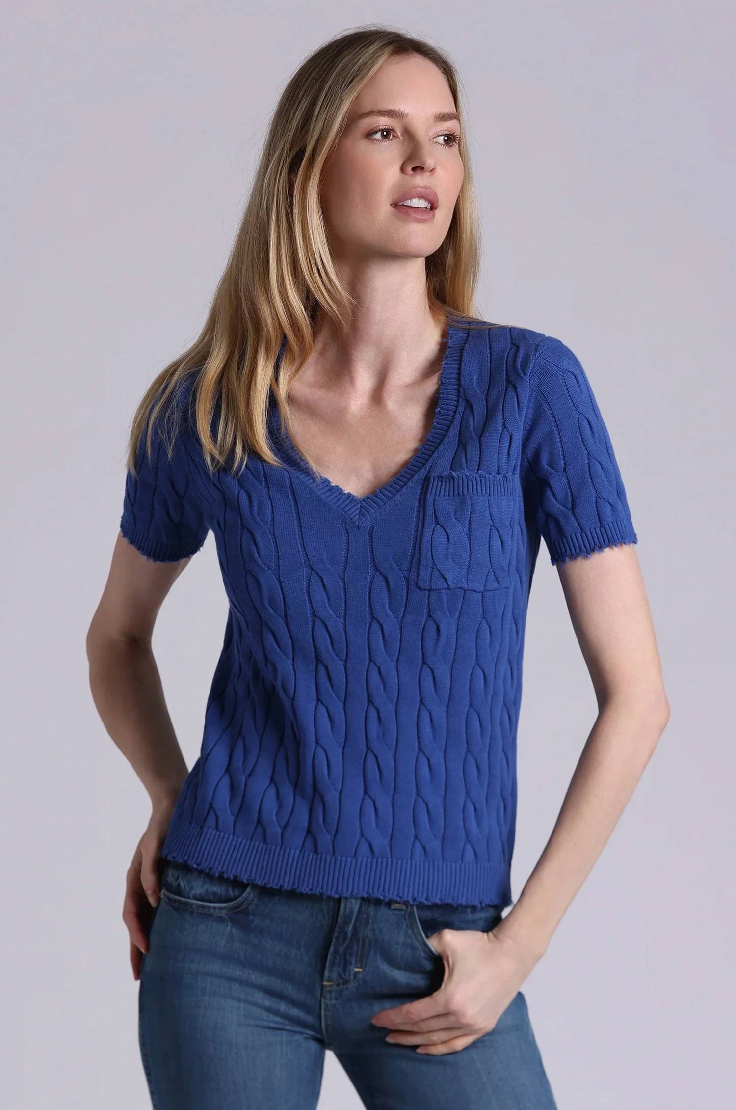 Minnie Rose - Frayed Cable V-neck Top