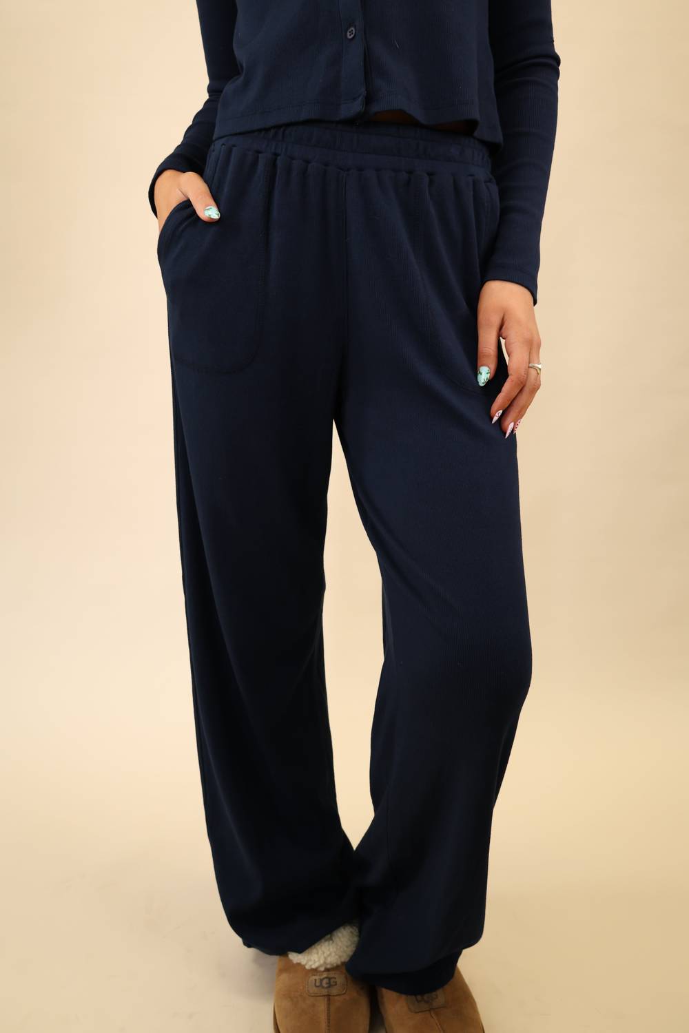 Sundry Luxe Rib Knit Lounge Flare Pant in deep navy - women's pants