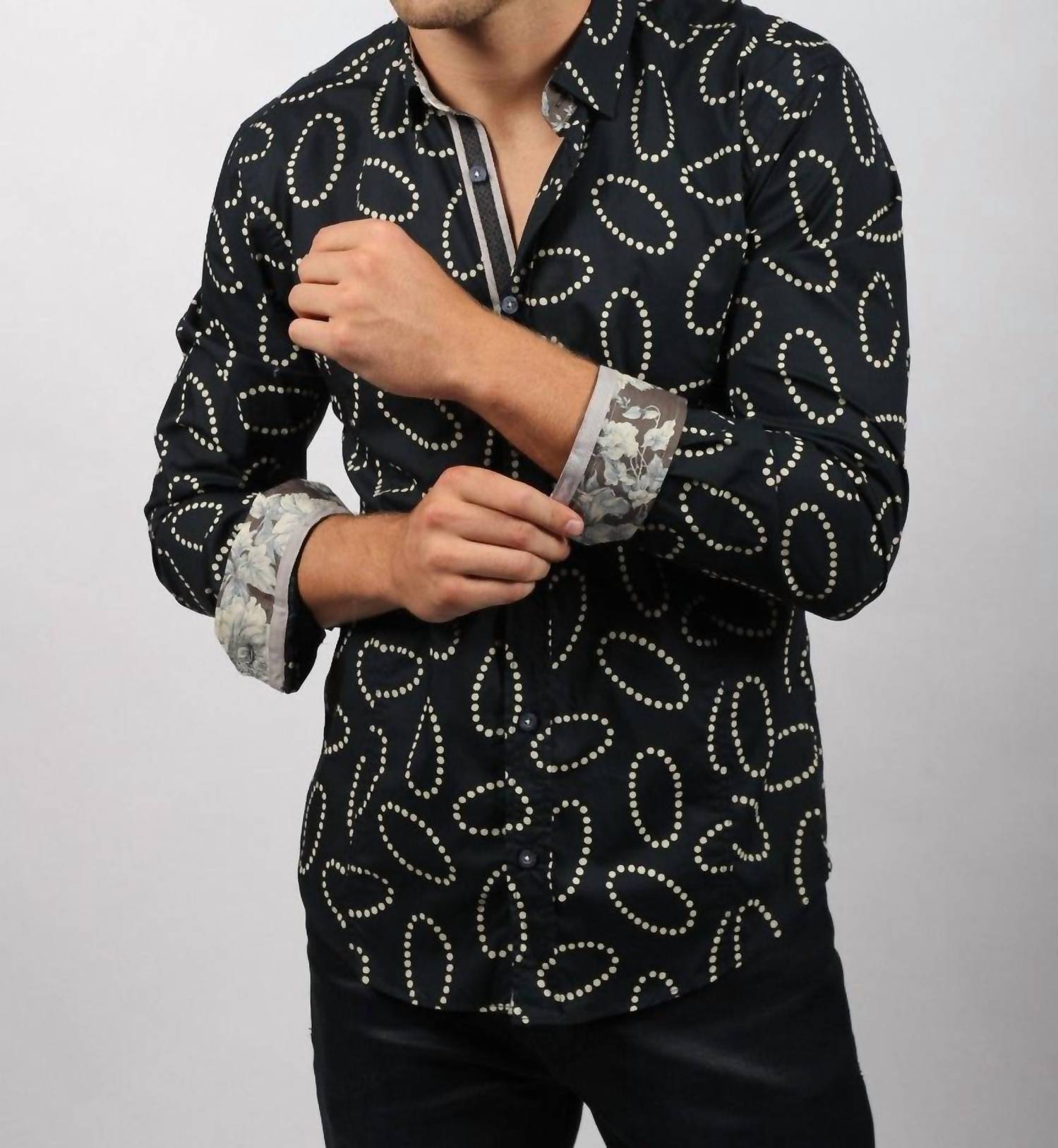 Eight X - Oval Pattern Print Button Down Shirt With Floral Trim