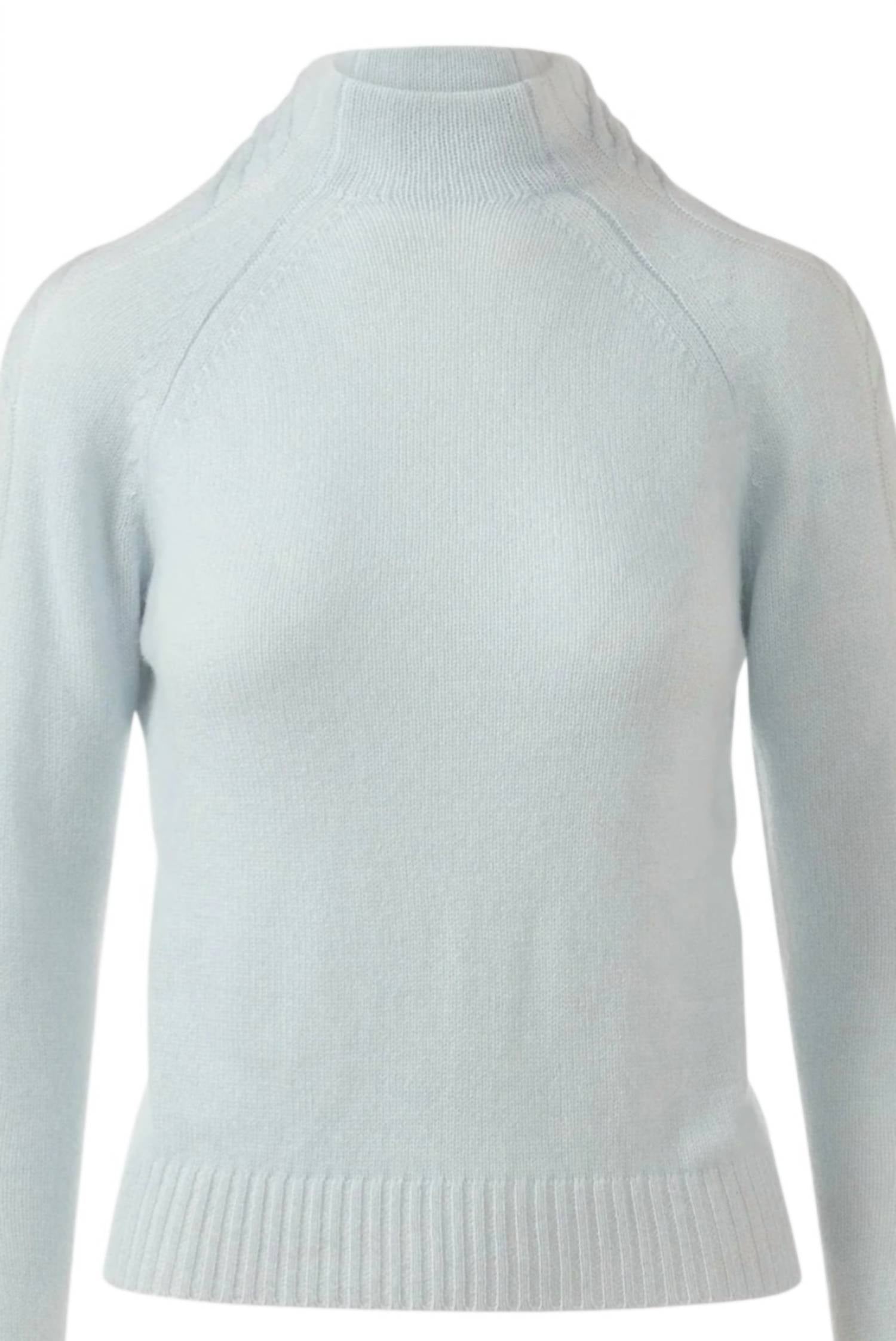 Kinross Women's Plaited Cable Sleeve Funnel Sweater in ice blue pearl - women's sweater - detail view