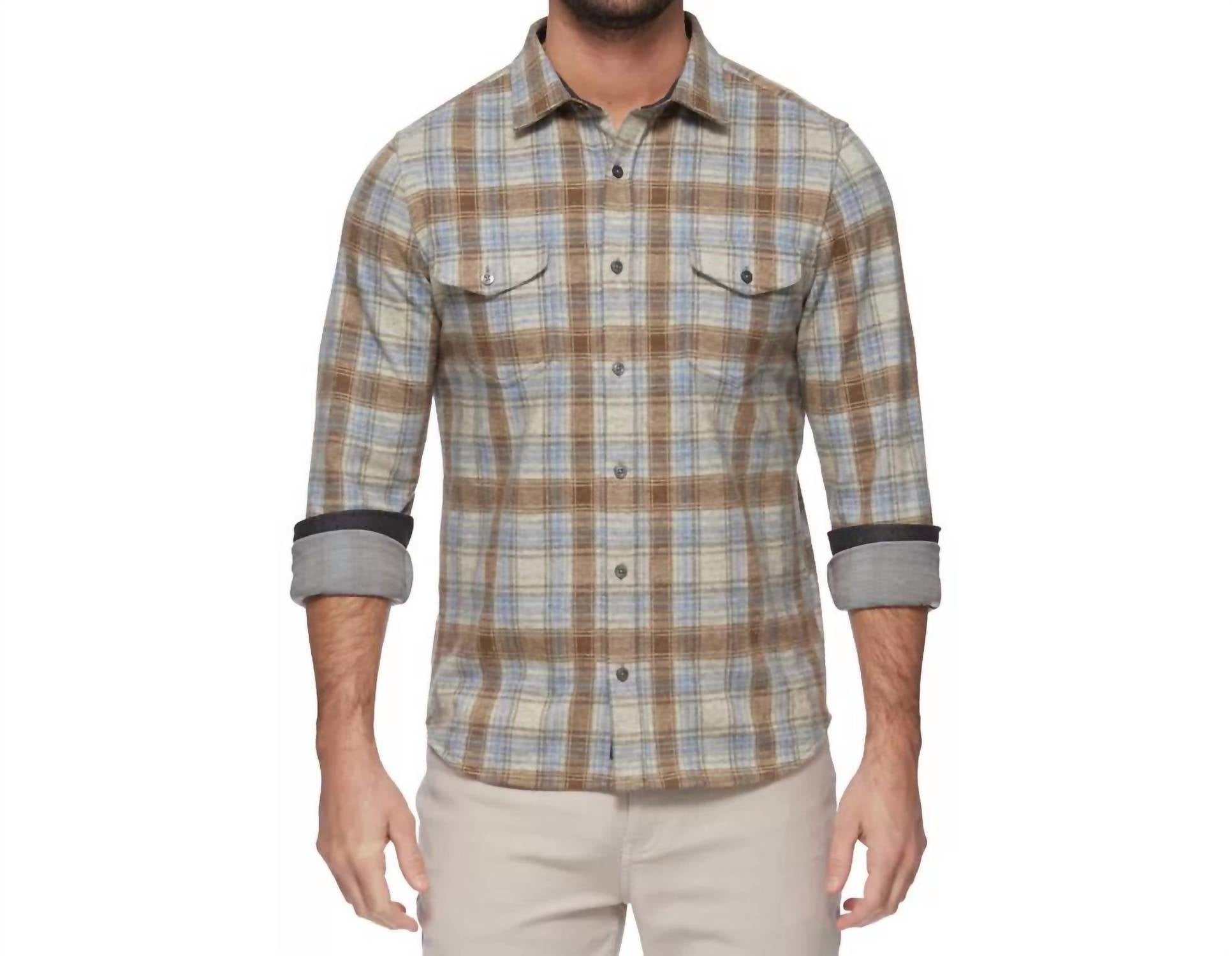 Flags & Anthem Luxton Hero Knit Flannel Shirt in brown tan blue - men's long sleeve top